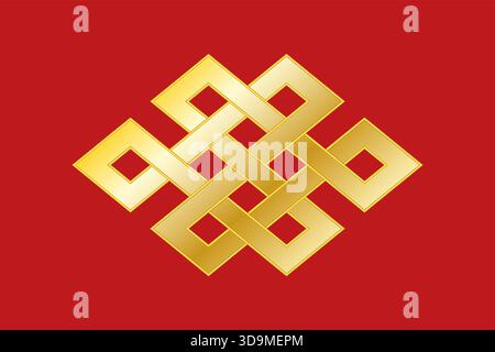 Nodo senza fine d'oro, noto anche come nodo eterno, sul campo rosso. Forma comune di nodo intrecciato. Uno degli otto simboli di buon auspicio nel Buddhismo ecc.. Foto Stock