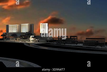 rendering 3d degli edifici i, n città di notte Foto Stock