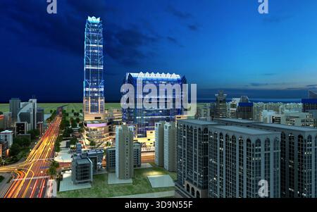 rendering 3d degli edifici i, n città di notte Foto Stock