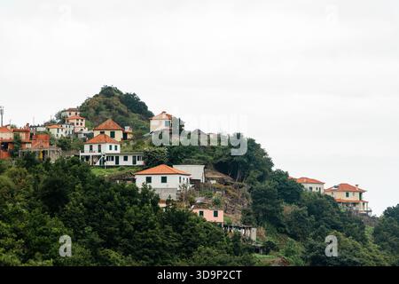 Pittoresco villaggio su una collina, caratterizzato da case vibranti circondate da fitti alberi e vegetazione, che creano un'atmosfera tranquilla Foto Stock