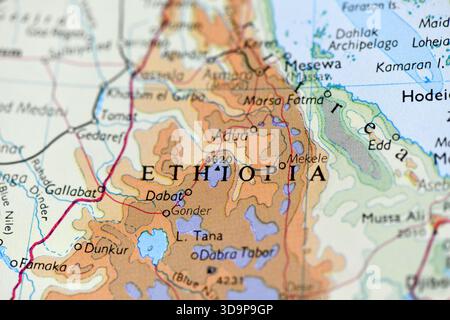 Mappa dettagliata in primo piano dell'Etiopia, che evidenzia gli altipiani del paese, il lago Tana e città come Addis Abeba (non mostrata), Adwa e Mekele. Foto Stock