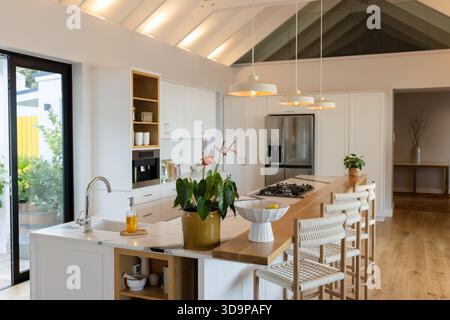 Cucina a due piani con ripiano in quarzo, lavandino, ciotola al limone in cucina moderna Foto Stock