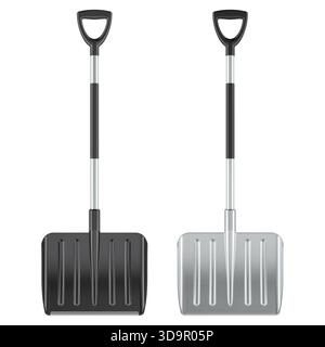 Coppia di pale da neve, plastica nera e metallo. Rendering 3D isolato su sfondo bianco Foto Stock