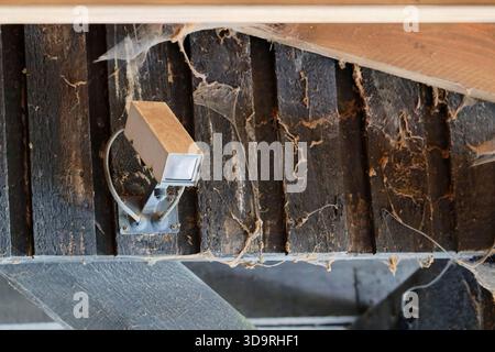 Un vecchio capannone di legno è completamente ricoperto da spesse ragnatele bianche. Una telecamera di sorveglianza quadrata bianca è montata sulla parete. L'ambientazione sembra sgradevole Foto Stock