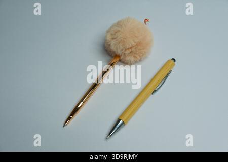 Una penna in legno minimale si trova accanto a una penna dorata con un grande pompon soffice. Un contrasto giocoso tra semplicità e design stravagante su una Foto Stock