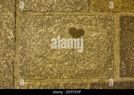 Un punto bagnato a forma di cuore su un pavimento in pietra. Foto Stock