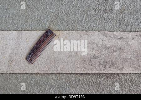 Vista ravvicinata di un pettine adagiato su una superficie di cemento, che mostra la sua consistenza e il suo colore su sfondo grigio. Foto Stock