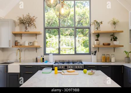 Kitchen Island presenta un ripiano in marmo e articoli per la preparazione del cibo, con vista del lussureggiante giardino Foto Stock