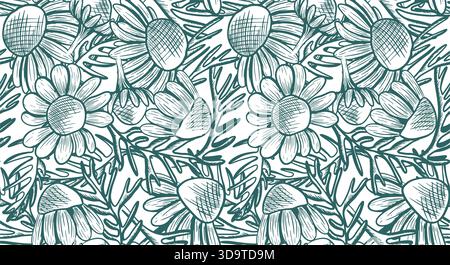 Un motivo vettoriale senza cuciture con fiori di camomilla e foglie disposte in un motivo interessante. Un'illustrazione botanica monocromatica che presenta un carattere jolly Foto Stock