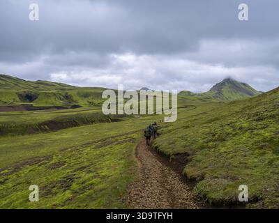 Un gruppo di escursionisti segue un sentiero roccioso attraverso una vastissima valle coperta di muschio verde brillante nelle Highlands. Foto Stock