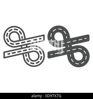 Due binari stradali a doppio giro e un'icona continua, per creare un concetto di strada. Grafica vettoriale. Cartellone per il progetto di costruzione di strade su sfondo bianco, stile del contorno Illustrazione Vettoriale
