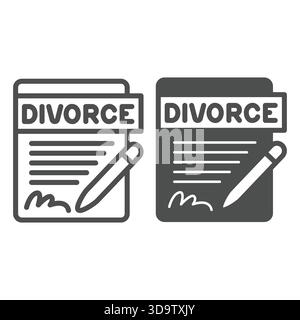 Documento firmato, penna e icona solida, concetto di avvocato di famiglia. Grafica vettoriale. Domanda di divorzio, firma carta contratto su sfondo bianco Illustrazione Vettoriale