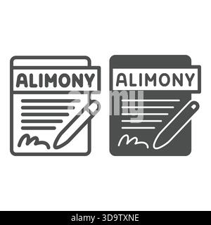 Documento firmato, penna e icona solida, concetto di avvocato di famiglia. Grafica vettoriale. Domanda di alimonia, cartellonistica su fondo bianco Illustrazione Vettoriale