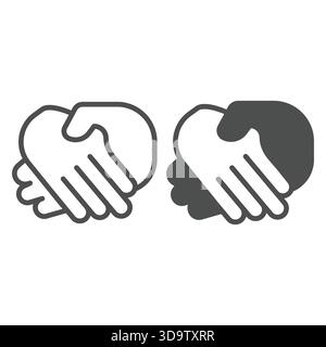 Linea di stretta di mano degli uomini forti e icona solida, design del concetto di reclutamento. Grafica vettoriale. Stretta di mano tra due mani, cartello dell'accordo di successo su sfondo bianco, Illustrazione Vettoriale
