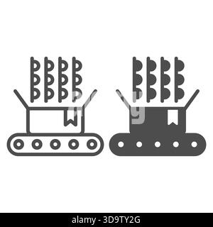 Scatola con pacchetti medici sulla linea di trasporto e icona solida, concetto di farmacia. Grafica vettoriale. Imballaggio del nastro trasportatore, cartello di produzione su backgrou bianco Illustrazione Vettoriale