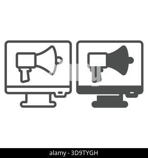 Schermo di monitoraggio con linea di altoparlanti e icona solida, progettare il concetto di reclutamento. Grafica vettoriale. Mostra con l'insegna della ricerca di marketing su fondo bianco Illustrazione Vettoriale
