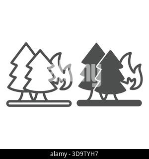 Alberi sulla linea del fuoco e icona solida, concetto di pompieri forestali. Grafica vettoriale. Alberi in fiamme, segnale di pericolo di incendio su sfondo bianco, contorno st Illustrazione Vettoriale