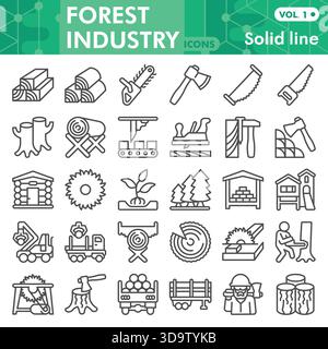 Collezione o schizzi di simboli del settore forestale, barra a tema forestale in linea segni per Web e app. Grafica vettoriale isolata su sfondo bianco Illustrazione Vettoriale