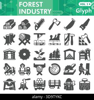 Collezione o schizzi di simboli dell'industria forestale, barra a tema della silvicoltura in stile glifo segni per Web e app. Grafica vettoriale isolata su sfondo bianco Illustrazione Vettoriale