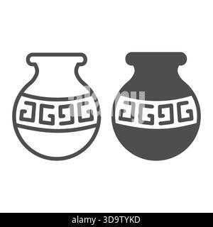 Caraffa di argilla con linea ornata a onde e icona a tinta unita, per creare ceramiche. Grafica vettoriale. Prodotto in gesso con cartello ornamentale su sfondo bianco, outlin Illustrazione Vettoriale