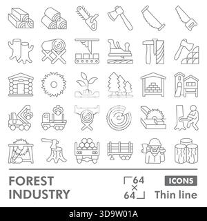Collezione o schizzi di simboli del settore forestale, tema forestale in stile sottile segni per Web e app. Grafica vettoriale isolata su sfondo bianco Illustrazione Vettoriale