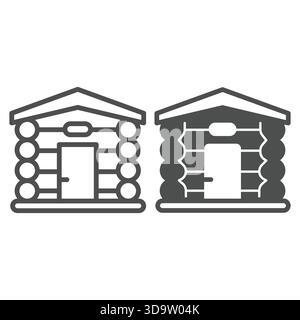 Casa in legno con porta e piccola linea di finestre e icona solida, concetto di industria forestale. Grafica vettoriale. Insegna russa dell'edificio del bagno su fondo bianco Illustrazione Vettoriale