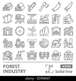 Collezione o schizzi di simboli del settore forestale, tema forestale in linea segni per Web e app. Grafica vettoriale isolata su sfondo bianco Illustrazione Vettoriale