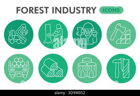Collezione o schizzi di simboli per l'industria forestale, bolle a tema per la silvicoltura in linea sottile segni per Web e app. Grafica vettoriale isolata su bac bianco Illustrazione Vettoriale