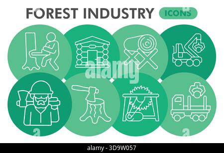 Collezione o schizzi di simboli per l'industria forestale, bolle a tema per la silvicoltura in linea sottile segni per Web e app. Grafica vettoriale isolata su bac bianco Illustrazione Vettoriale