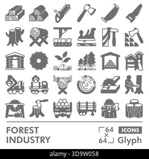 Collezione o schizzi di simboli per l'industria forestale, tema forestale in stile glifo segni per Web e app. Grafica vettoriale isolata su sfondo bianco Illustrazione Vettoriale
