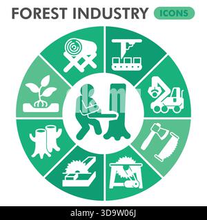 Collezione o schizzi di simboli per l'industria forestale, torta a tema per la silvicoltura in stile glifo segni per Web e app. Grafica vettoriale isolata su bac bianco Illustrazione Vettoriale