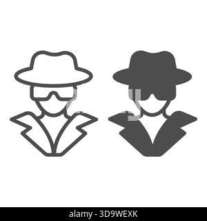 Uomo anonimo con occhiali e linea cappello e icona solida, concetto multiverso NFT. Grafica vettoriale. Hacker, firma segreta del compratore su sfondo bianco, outlin Illustrazione Vettoriale