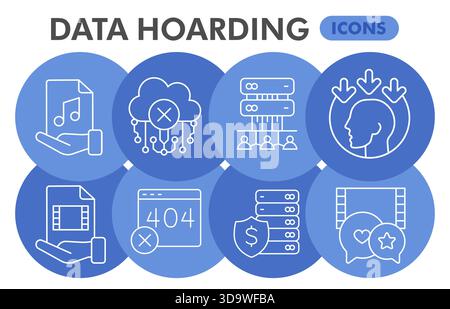 Raccolta o schizzi di simboli per l'accumulo di dati, bolla tematica di archiviazione su disco con insegne sottili per Web e app. Grafica vettoriale isolata su bianco Illustrazione Vettoriale