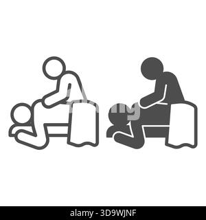 Massaggiatore e uomo con linea asciugamani e icona solida, concetto di massaggio spa. Grafica vettoriale. Massaggiatore a letto, insegna terapeutica su sfondo bianco, Illustrazione Vettoriale