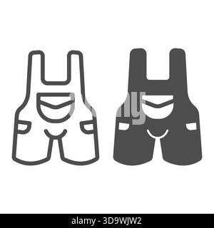 Pantaloni con cinturini e linea tascabile e un'icona a tinta unita, abbigliamento da lavoro. Grafica vettoriale. Pantaloni con bretelle, insegna abiti su zaino bianco Illustrazione Vettoriale