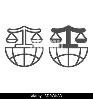 Globo mondiale e scala linea e icona solida, concetto di forza di polizia. Grafica vettoriale. Ordine della giustizia globale, legge e ordine su sfondo bianco, ou Illustrazione Vettoriale