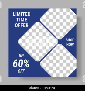 Banner sui social media. Promozione di vendita. Percentuale di sconto. Bordo disegno astratto. Scheda marketing Square. Negozio online. Cornice geometrica. Spazio di copia trasparente. Acquista l'offerta speciale. Volantino per lo shopping vettoriale Illustrazione Vettoriale