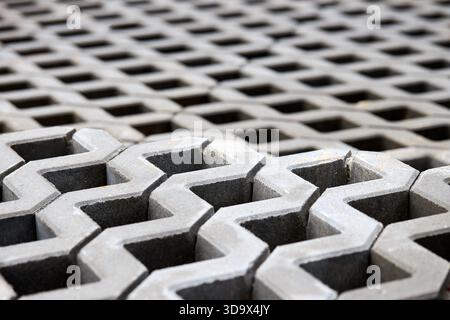 Piastrelle a scacchi di cemento di Un giardino con marciapiede in Palette. Pietre per pavimentazione a blocchi di erba sintetica. Grasscrete è un materiale ecologico per il vialetto Foto Stock
