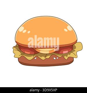 Graziosa illustrazione a fumetti di cheeseburger isolata su sfondo bianco, perfetta per menu di ristoranti, marchi di fast food, design per bambini e pubblicità digitale. Foto Stock