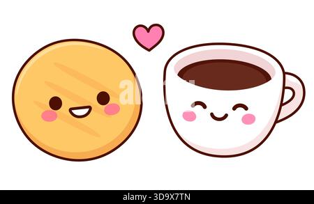 Coppia di caffè tradizionale colombiano arepa e tinto, cibo e bevande nazionali. Kawaii facce e cuore carino. Illustrazione vettoriale cartoni animati Illustrazione Vettoriale