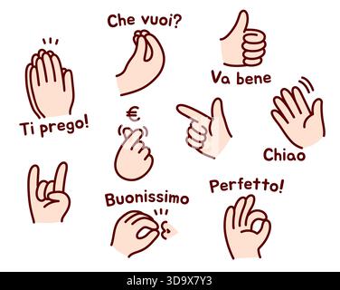 Set di gesti delle mani italiane. Semplici icone disegnate a mano. Dita pizzicate, bacio dello chef, corna, soldi. Illustrazione vettoriale. Illustrazione Vettoriale