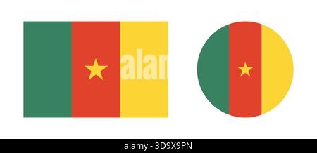 Bandiera del Camerun rotonda, icone rettangolari impostate. National Camerun flag Circle, badge rettangolare, sfondo, banner, segno, adesivo. Illustrazione Vettoriale