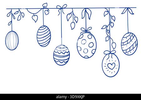 Uova di Pasqua appese ghirlanda, uova con corda, archi, decorazioni, foglie e ornamenti. Bordo dello schizzo del doodle disegnato a mano durante le vacanze. . Illustrazione vettoriale Illustrazione Vettoriale