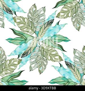 Motivo ad acquerello senza cuciture con delicate foglie verdi di monstera adansonii dipinte in un delicato stile botanico. Elegante design tropicale Foto Stock