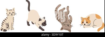 Set di quattro gatti cartoni animati. Immagine vettoriale piatta di animali felini giocosi e rilassati Illustrazione Vettoriale