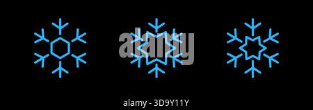 Icone blu con fiocco di neve su sfondo nero. Futuristico clipart natalizio per i progetti digitali di Natale e inverno moderno Illustrazione Vettoriale