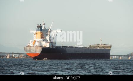 Un'enorme nave da carico catturata con un teleobiettivo, che mostra la sua sovrastruttura torreggiante, lo scafo resistente alle intemperie e i dettagli industriali man mano che si muove Foto Stock