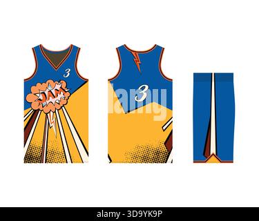 Modello di uniforme da basket per una squadra sportiva. Modello Jersey design vista frontale, vista posteriore e vista laterale. Illustrazione vettoriale Illustrazione Vettoriale