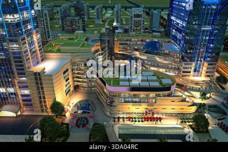 rendering 3d degli edifici i, n città di notte Foto Stock