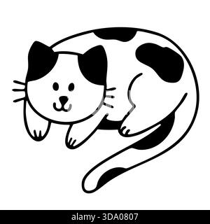 Adorabile gatto calico disteso arricciato con una dolce espressione. Illustrazione isolata del vettore disegnata a mano. Illustrazione Vettoriale